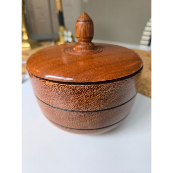 Handcrafted Round Wood Tobacco Jar With Finial Lid & Ridged Seal - Picture 1 of 10